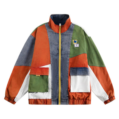 Loose Colorblock Stand Collar Jacket – Patchwork Design