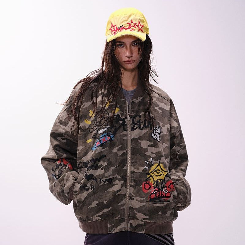 Retro Camouflage Graffiti Jacket – Hip-Hop Streetwear Style