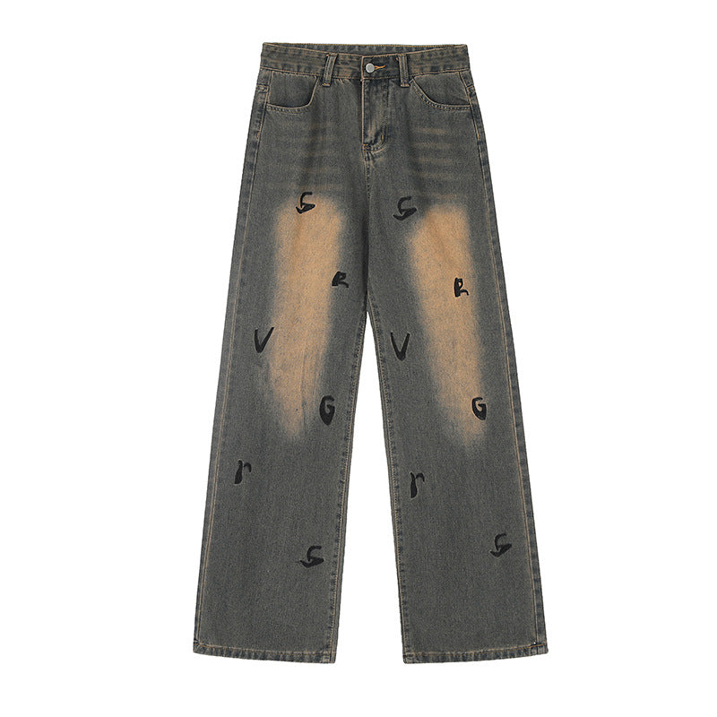 Retro Embroidered Letter Denim Wide-Leg Pants